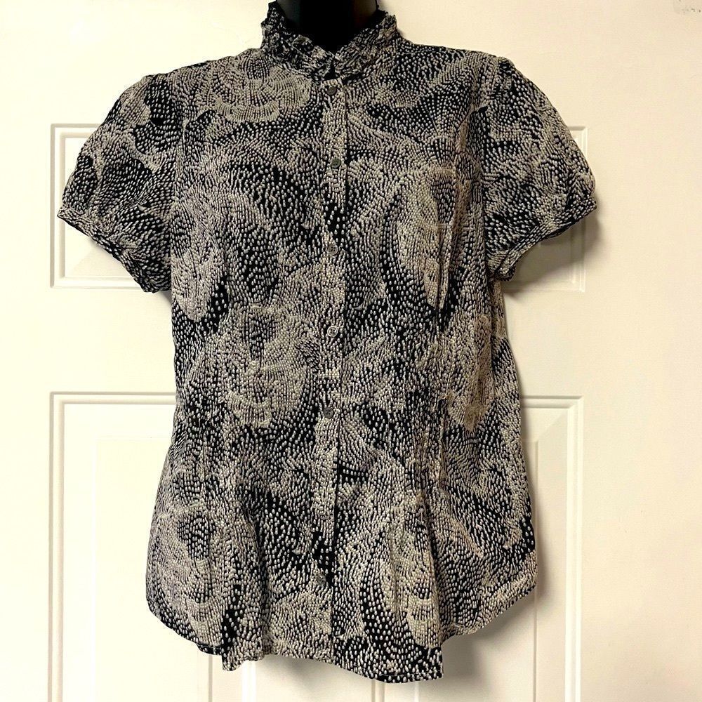 VTG 90s The Limited Black White Dot Floral Puff Cap Short Sleeve Button Shirt L